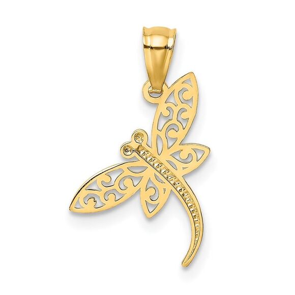 14k Yellow Gold Flat Filigree Dragonfly Pendant, 15mm - Picture 3 of 5